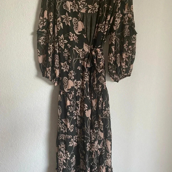 Elan Cosmo Floral Napa Print Ruffle Tiered Wrap Sweeping Maxi Coquette Dress S - Picture 5 of 16